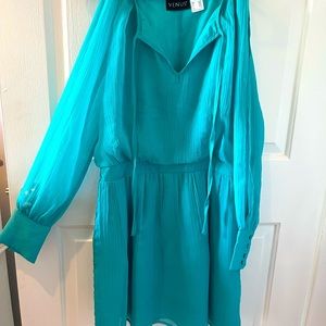 Turquoise cocktail dress with sheer open sleeve